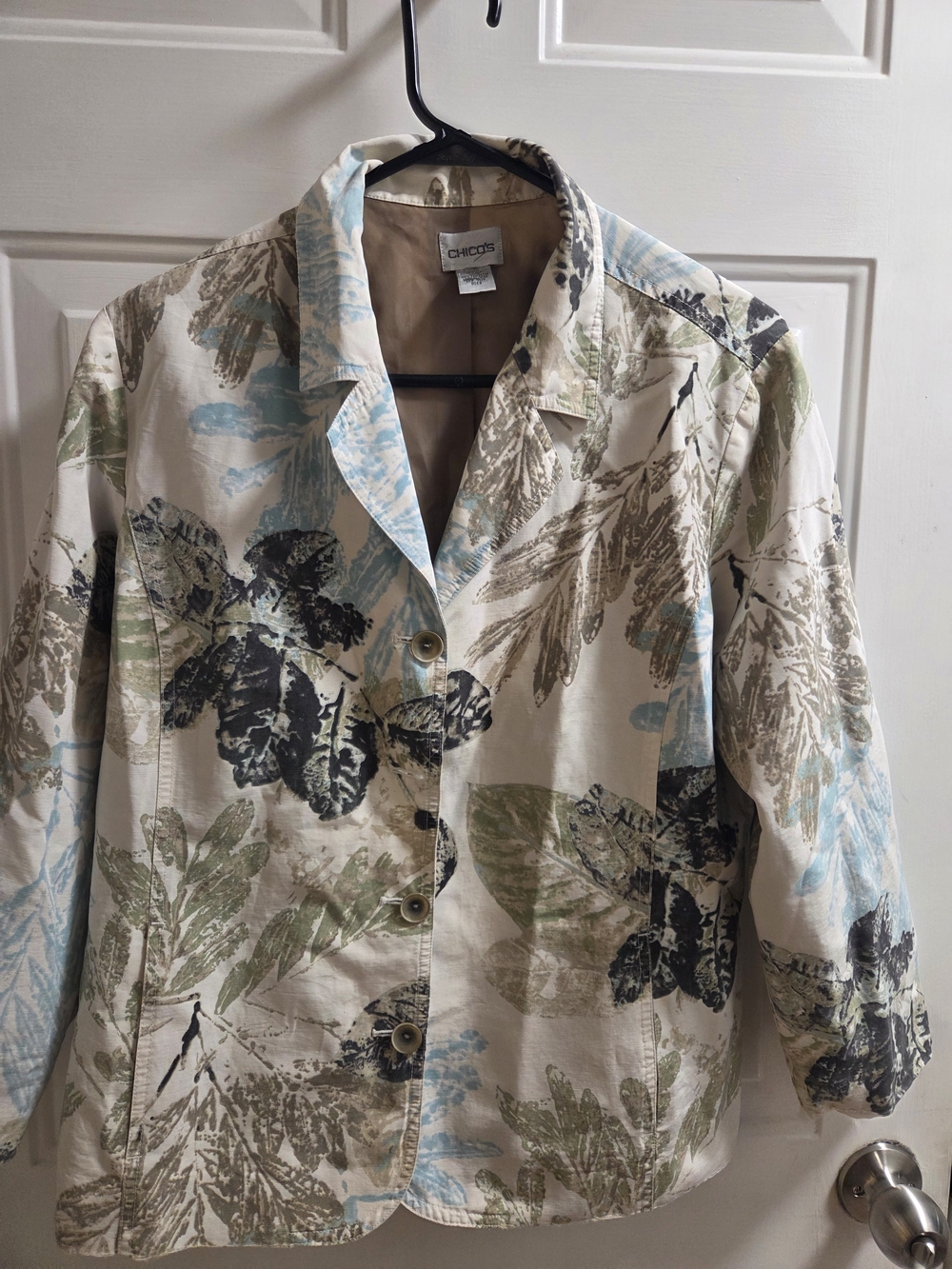 Chico's Cream Botanical Print Jacket with Blue and Green Accents